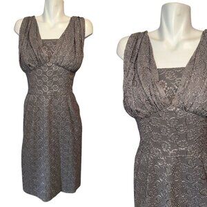 Vtg 50s Gray Embroidered Floral V-Neck Sheath Cocktail Dress Rockabilly Large